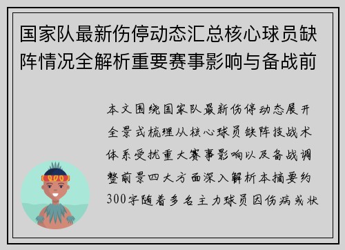 国家队最新伤停动态汇总核心球员缺阵情况全解析重要赛事影响与备战前景