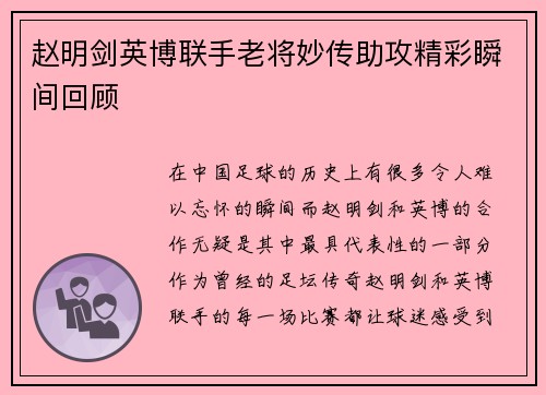 赵明剑英博联手老将妙传助攻精彩瞬间回顾